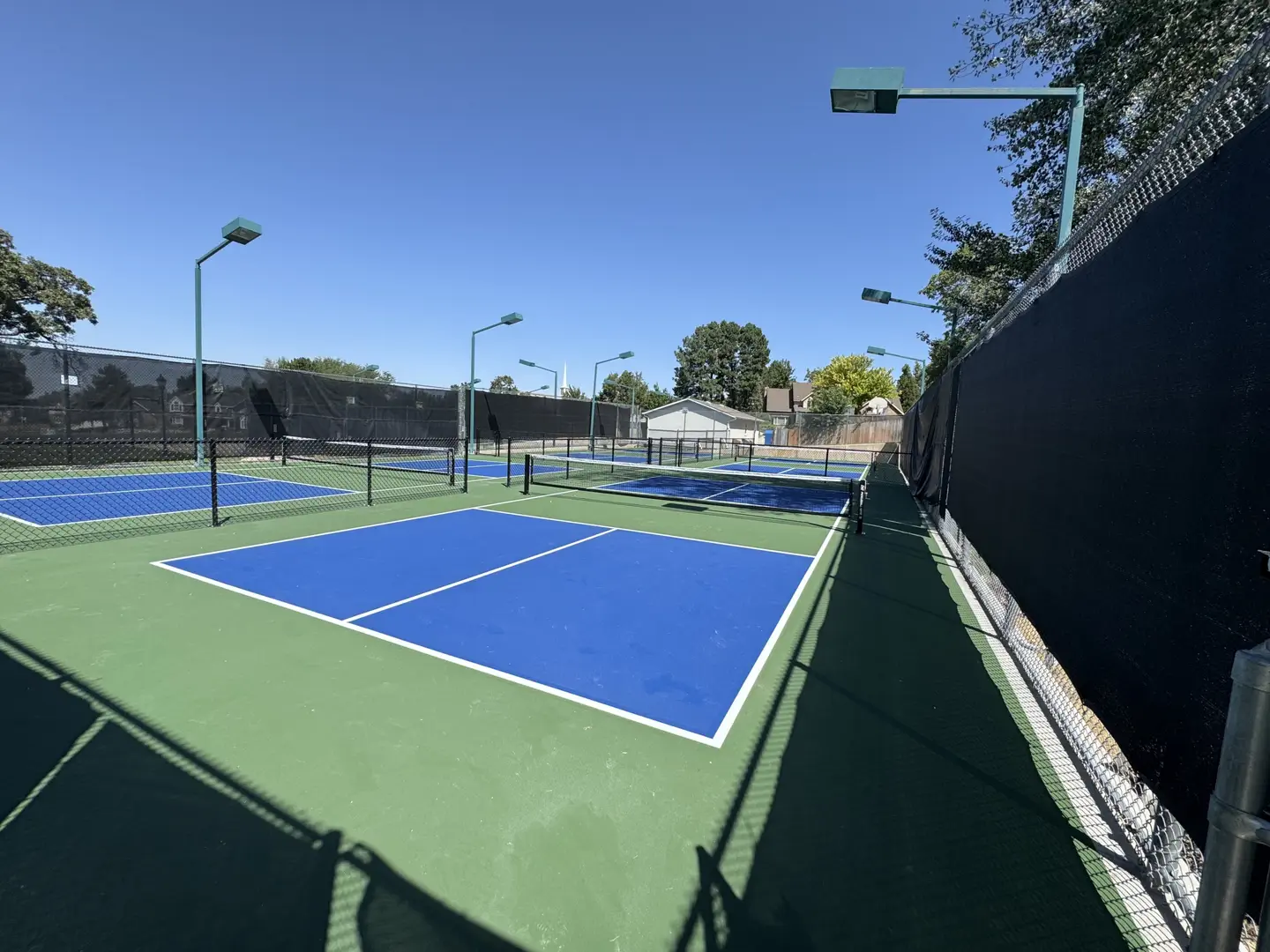Bright blue pickleball courts with green surrounds and tall light poles.
