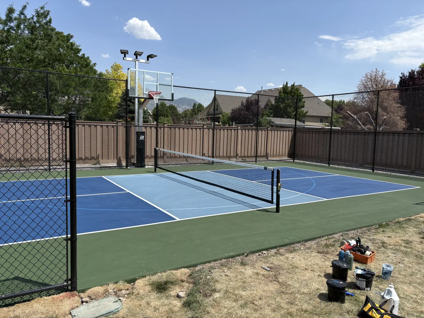 Newly painted pickleball court with basketball hoop in a backyard.