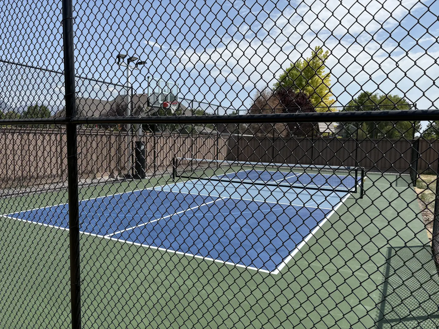 Outdoor pickleball court with blue playing surface and green surroundings, viewed through a chain-link fence.