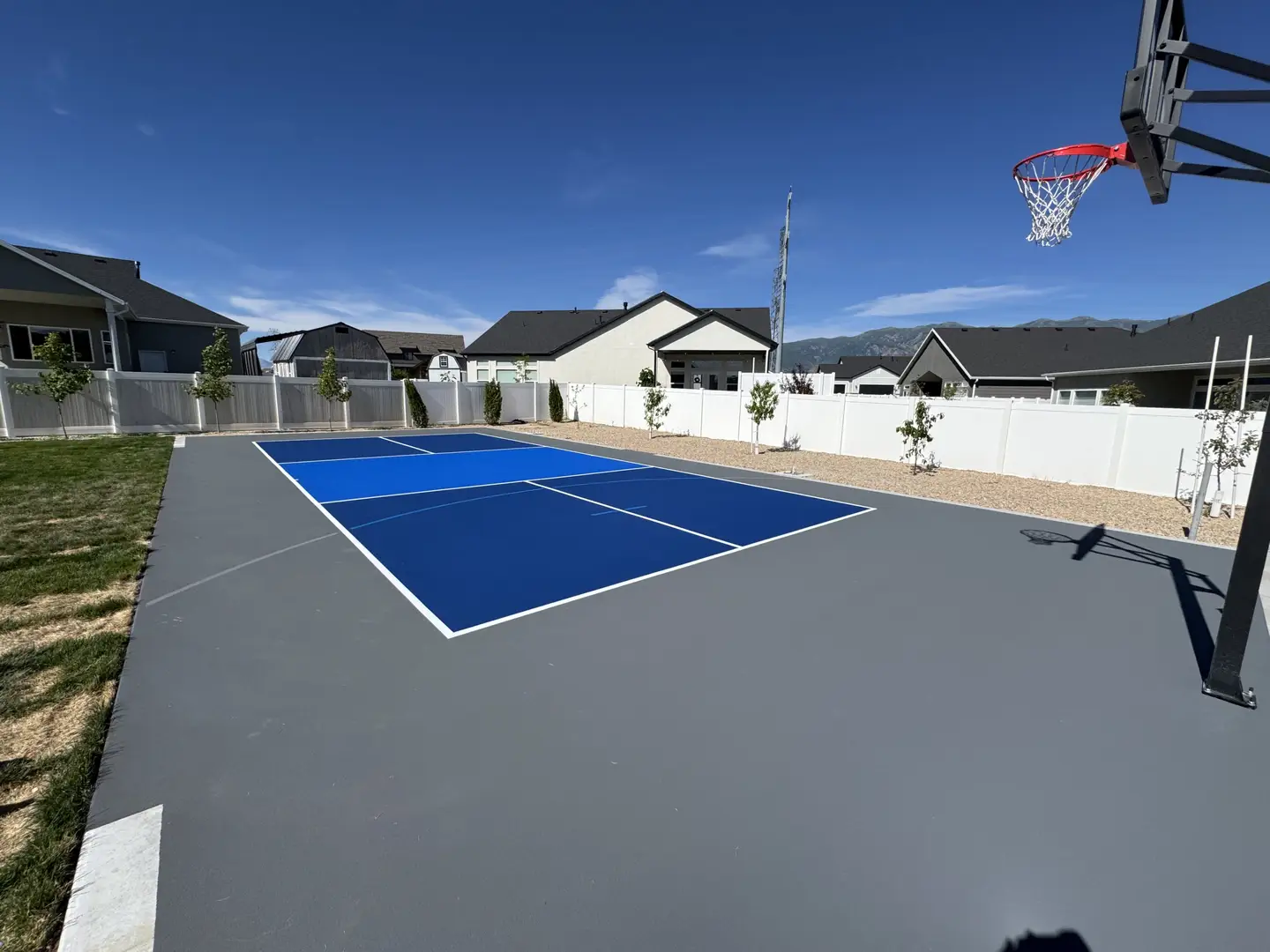 Blue pickleball court with basketball hoop in a suburban backyard.