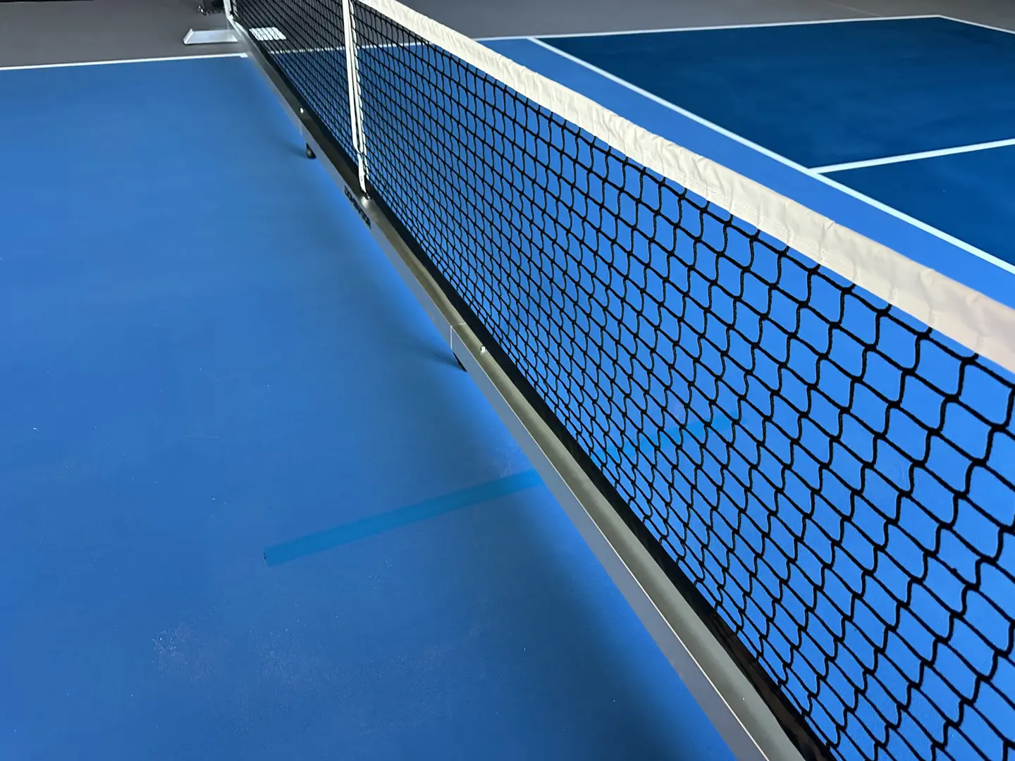 Close-up of a blue pickleball court net