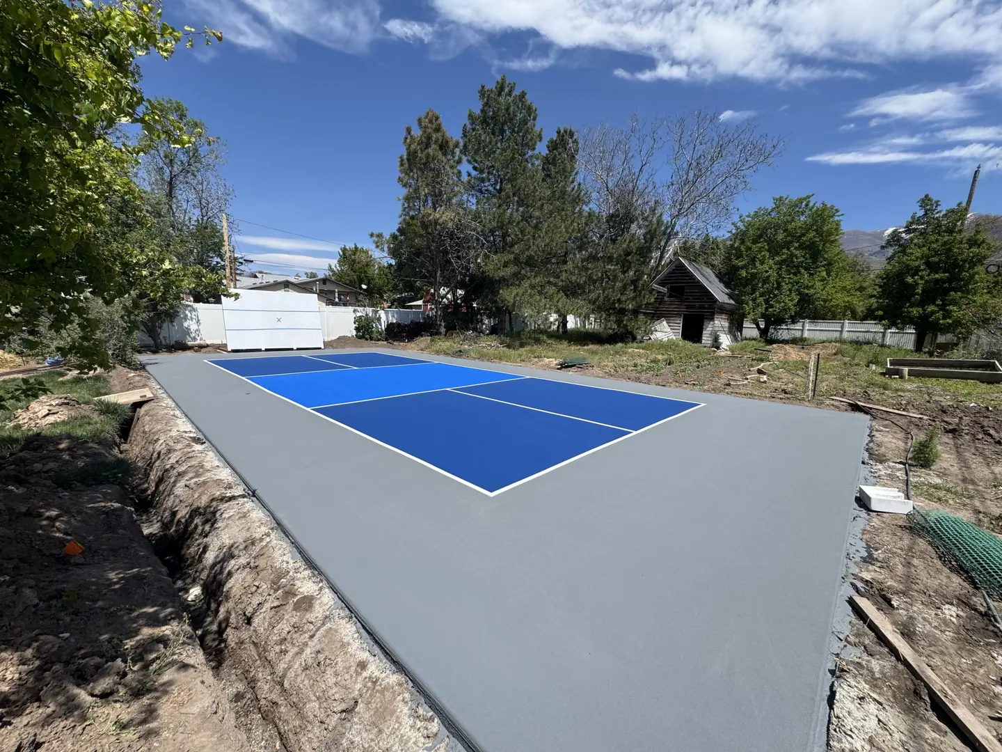 Newly built blue and white pickleball court in a backyard.