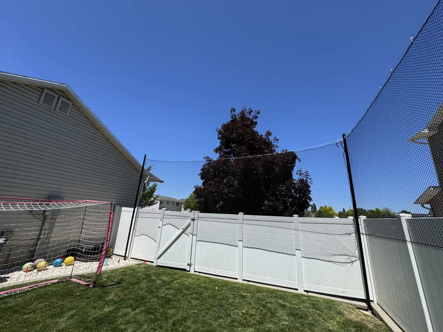Backyard soccer goal and net enclosure on a sunny day