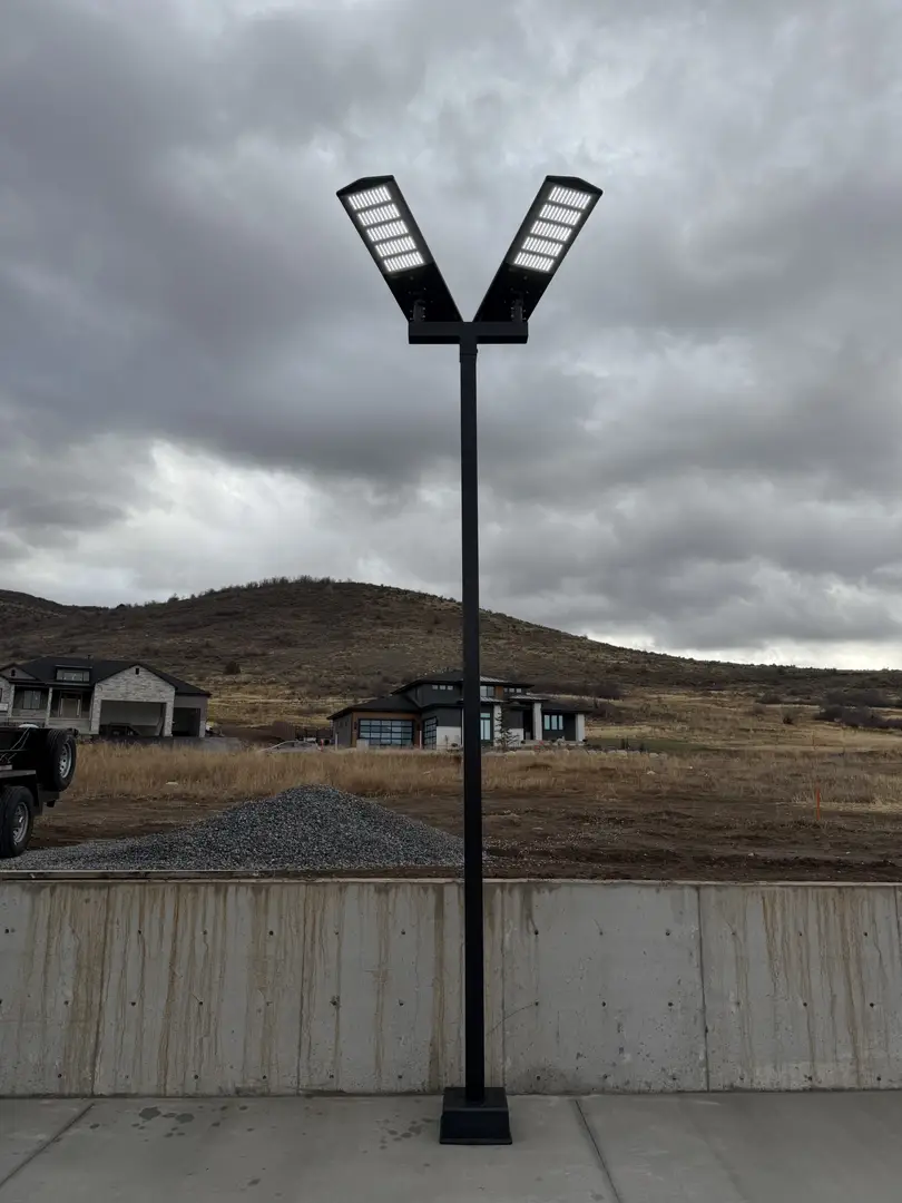 Modern V-shaped solar street light installed in a residential development.