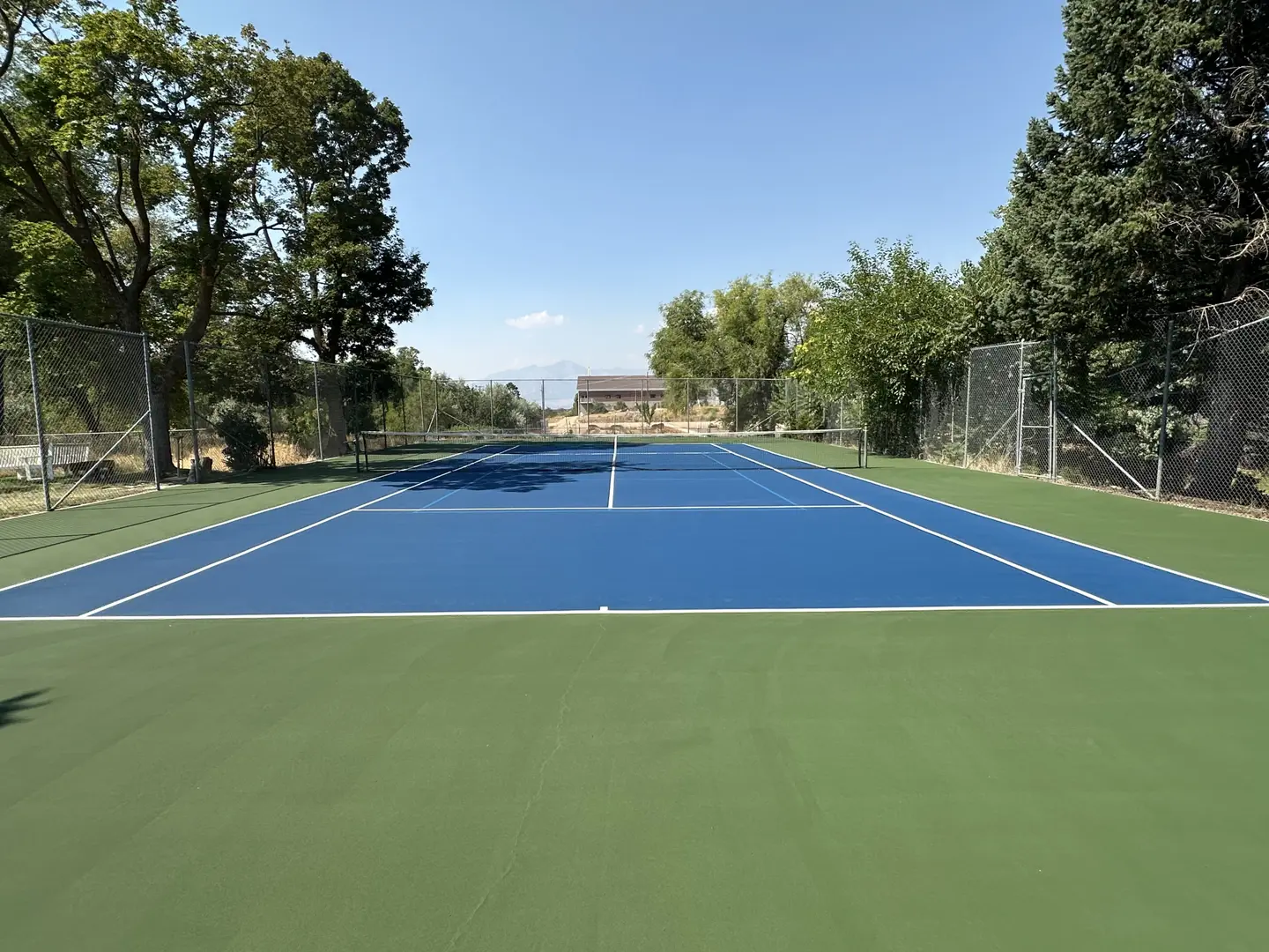 Blue tennis court with green surround and white lines, set against a backdrop of trees and mountains.