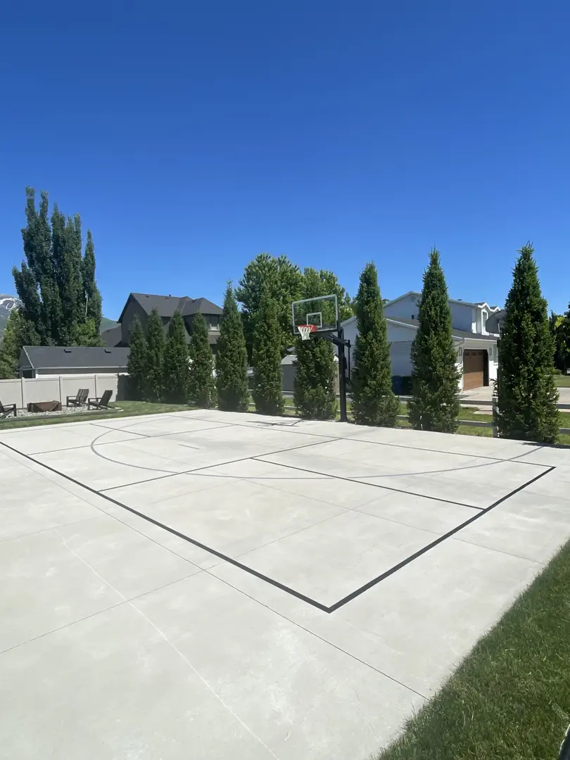 Outdoor basketball court with hoop and surrounding trees.